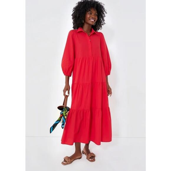 Tuckernuck Pomander Place Mable Maxi Dress XS Hibiscus Red Tiered Pockets Cotton - Picture 1 of 12